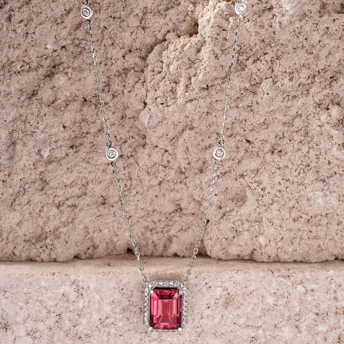 Astra 1.80ct Lab Ruby and Diamond Halo Octagon Cut Necklace in Silver